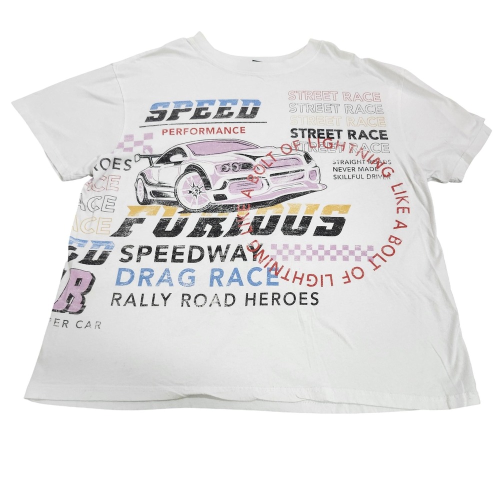 Forever 21 Shirt Womens Plus 0X White Speedway Drag Race Car Graphic Tee Top